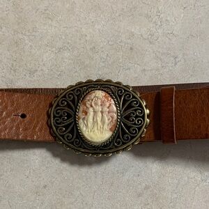 Brown Leather Belt with Ornate Buckle Western Inspired Size Small